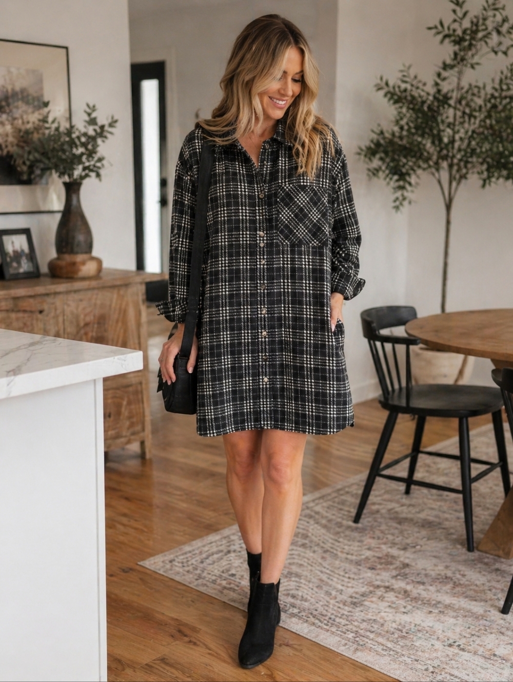 GIlli Oversized Plaid Shirt Dress | Black & Cream | Pockets | NWOT | Size Small